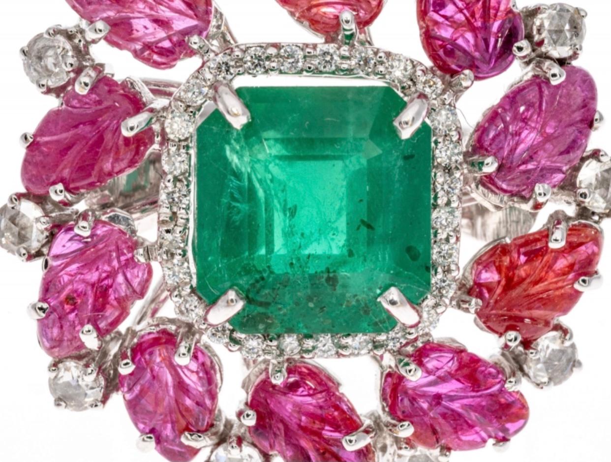 Contemporary 18K White Gold Large Emerald (App. 3.65 CTS), Carved Ruby and Diamond Ring For Sale
