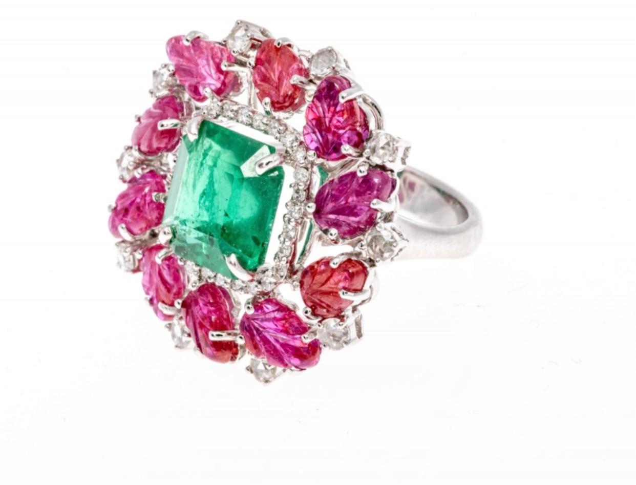 Emerald Cut 18K White Gold Large Emerald (App. 3.65 CTS), Carved Ruby and Diamond Ring For Sale