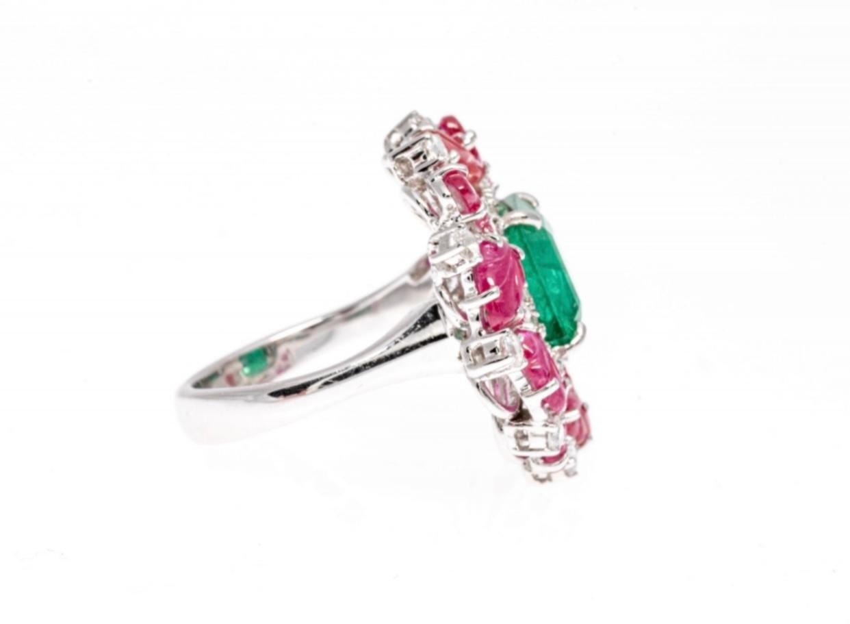 Women's 18K White Gold Large Emerald (App. 3.65 CTS), Carved Ruby and Diamond Ring For Sale