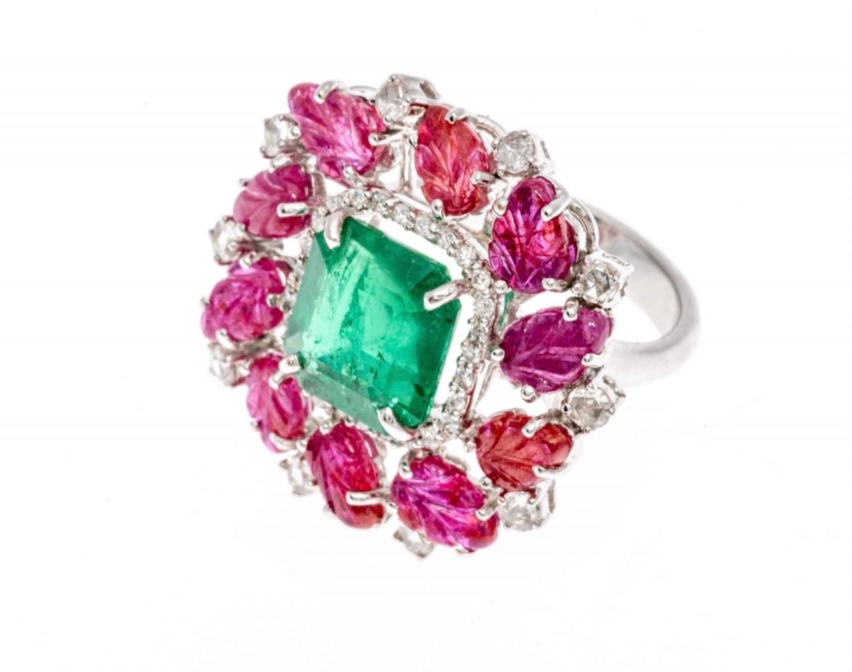 18K White Gold Large Emerald (App. 3.65 CTS), Carved Ruby and Diamond Ring For Sale 1