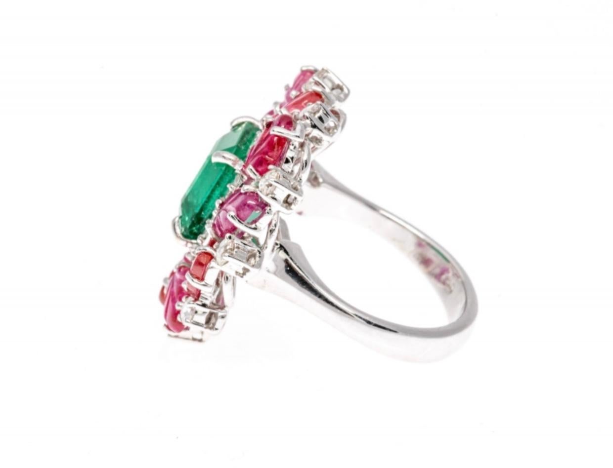 18K White Gold Large Emerald (App. 3.65 CTS), Carved Ruby and Diamond Ring For Sale 2