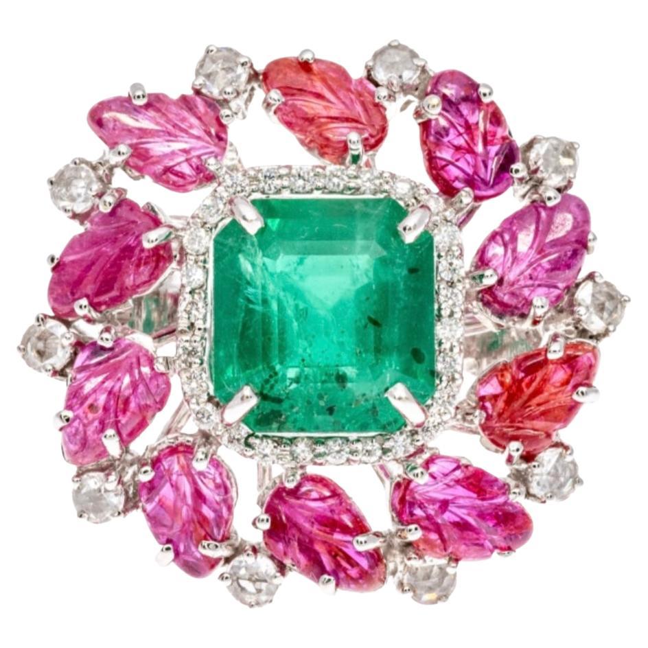 18K White Gold Large Emerald (App. 3.65 CTS), Carved Ruby and Diamond Ring For Sale