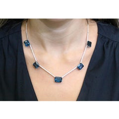 18K Gold Emerald-Cut London Blue Topaz and Diamond Station Necklace 1.35 Carat