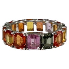 18K White Gold Emerald Cut Multi Sapphire Eternity Ring 7.5ct Sz 6.75