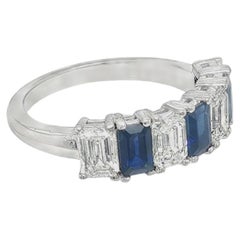 GIA Certified Emerald Cut Sapphire Diamond Band Ring in 18K White Gold