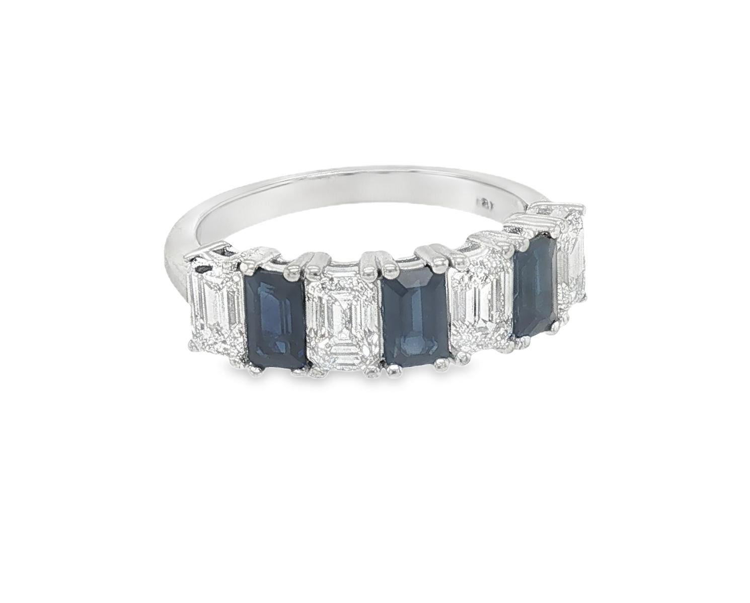 Emerald Cut Sapphire Diamond Band Ring in 18K White Gold