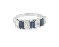 Emerald Cut Sapphire Diamond Band Ring in 18K White Gold