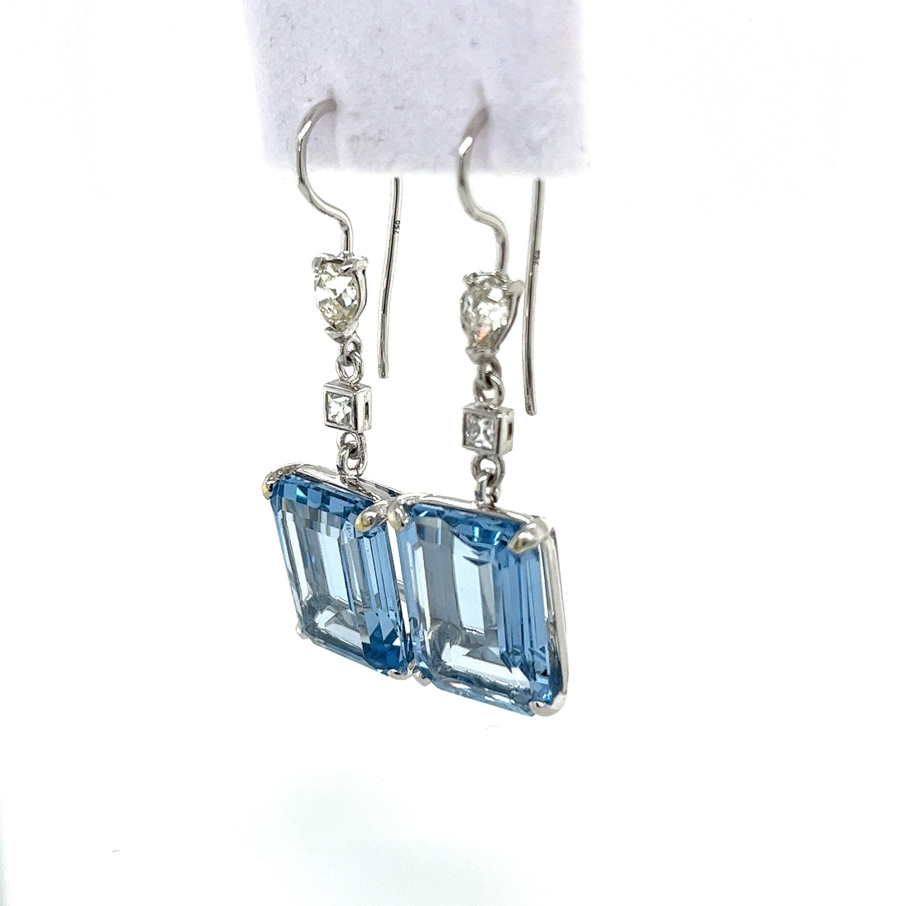 Art Deco 18K White Gold Emerald Cut Spinel and Old Cut Diamond Drop Earrings For Sale