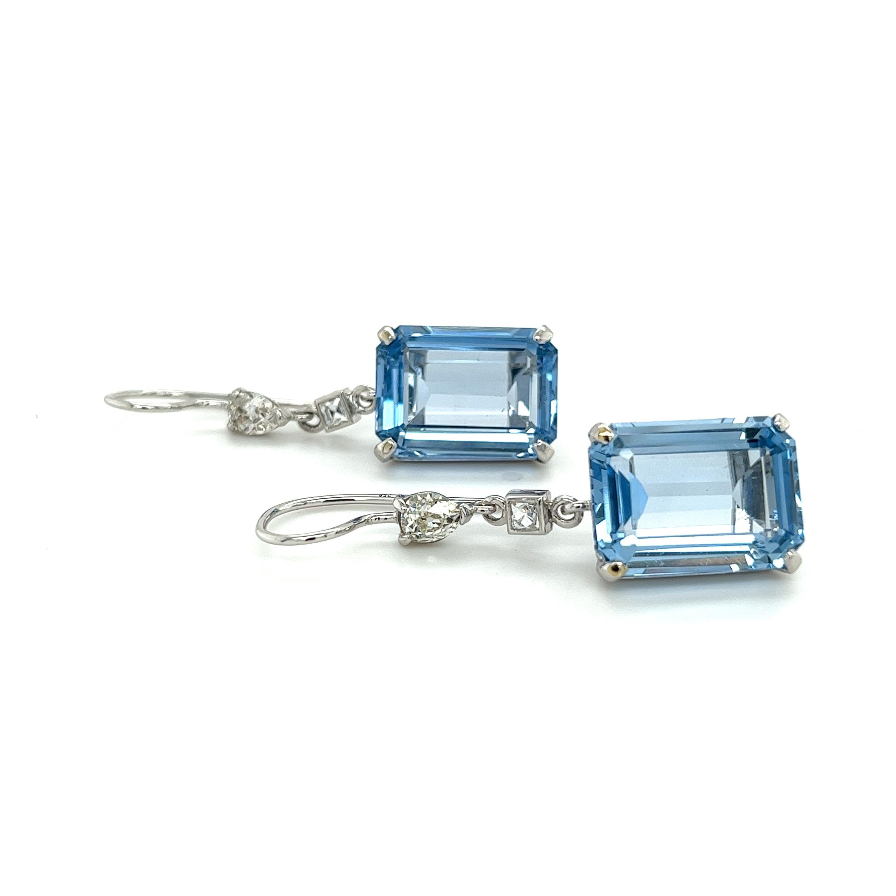 Women's 18K White Gold Emerald Cut Spinel and Old Cut Diamond Drop Earrings For Sale