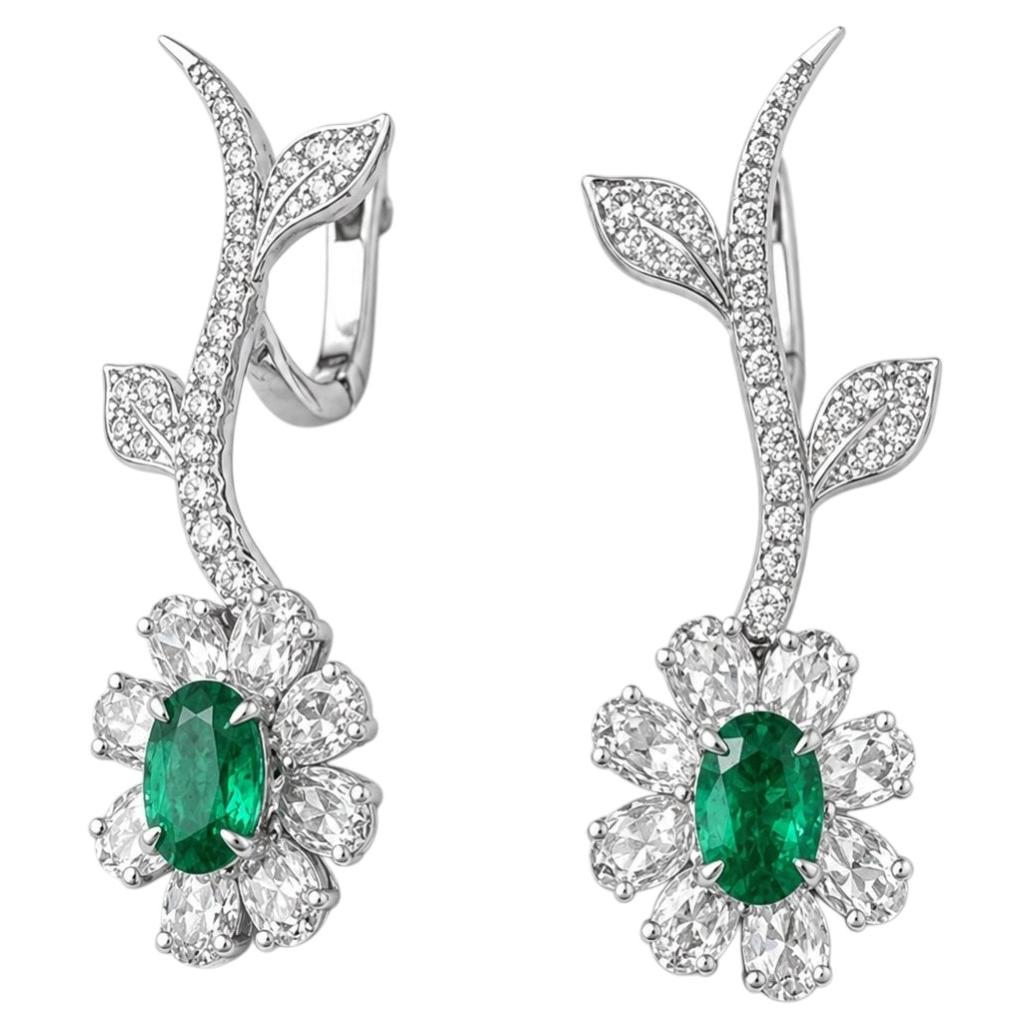18K White Gold Emerald 0.89ct & Diamond 1.66ct Dongle Earrings For Sale