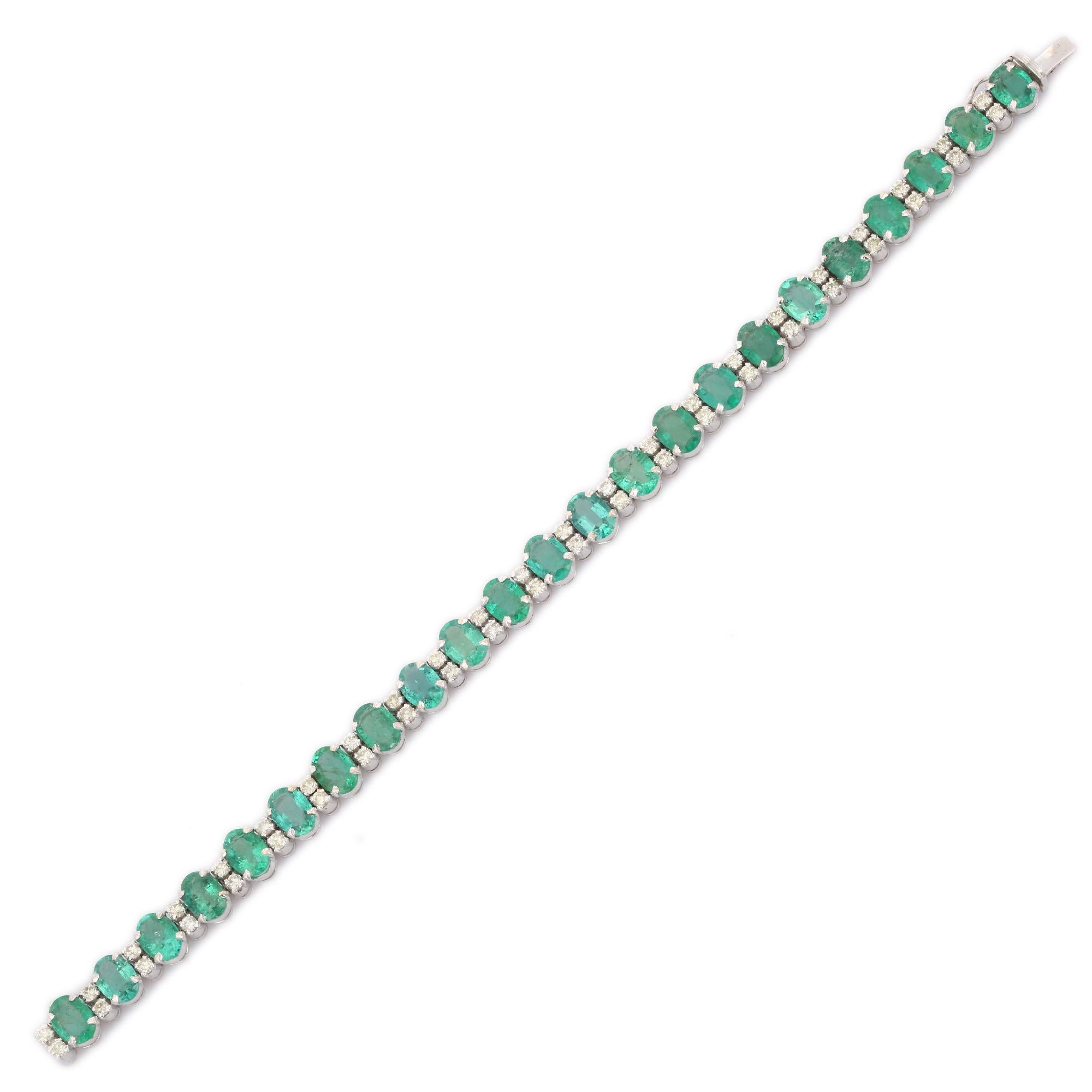 This Handcrafted Natural Emerald Diamond Tennis Bracelet in 14K gold showcases 23 endlessly sparkling natural emeralds, weighing 16.07 carats and 46 pieces of diamonds weighing 1.90 carat. It measures 7 inches long in length. 
Emerald enhances the