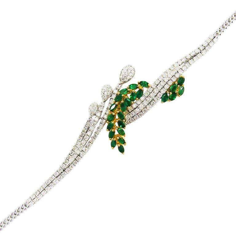 18K Weißgold Smaragd-Diamant-Armband (Marquiseschliff) im Angebot