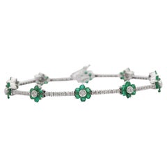 18k Solid White Gold Real Diamond and 12.87 Ct Emerald Flower Bracelet
