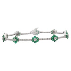 Bracelet fleur en or blanc massif 18 carats avec diamants véritables et émeraudes de 12,87 carats