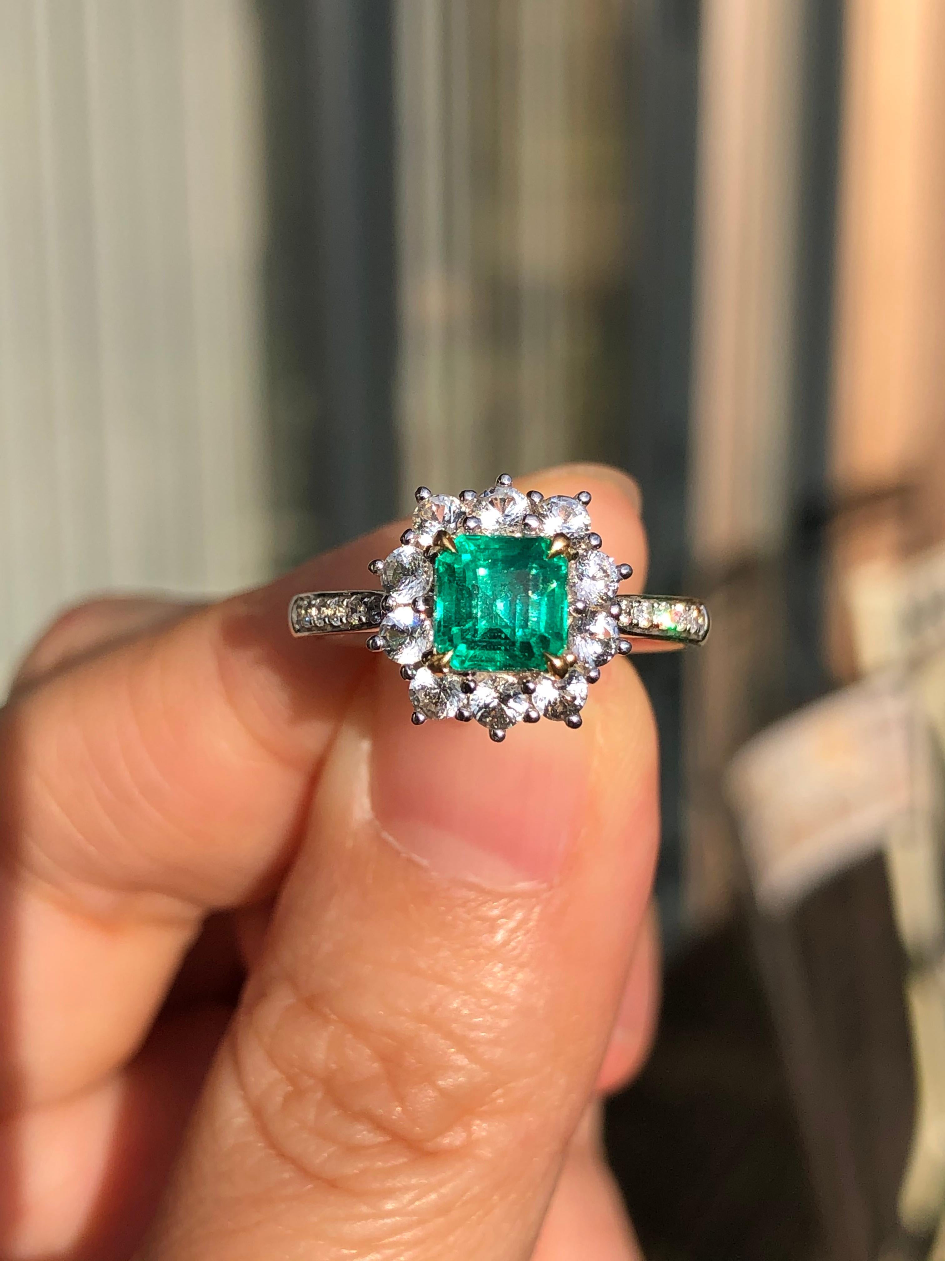 A beautiful Emerald and diamond cluster ring. The emerald is a lovely vivid green emerald and is surrounded by Well-matched white transition cut diamonds.

Dandelion Code: AT-0684
WEIGHT
Approx 2.8g

STONES
Emerald: Approx 1ct
Diamond: 0.75ct

METAL