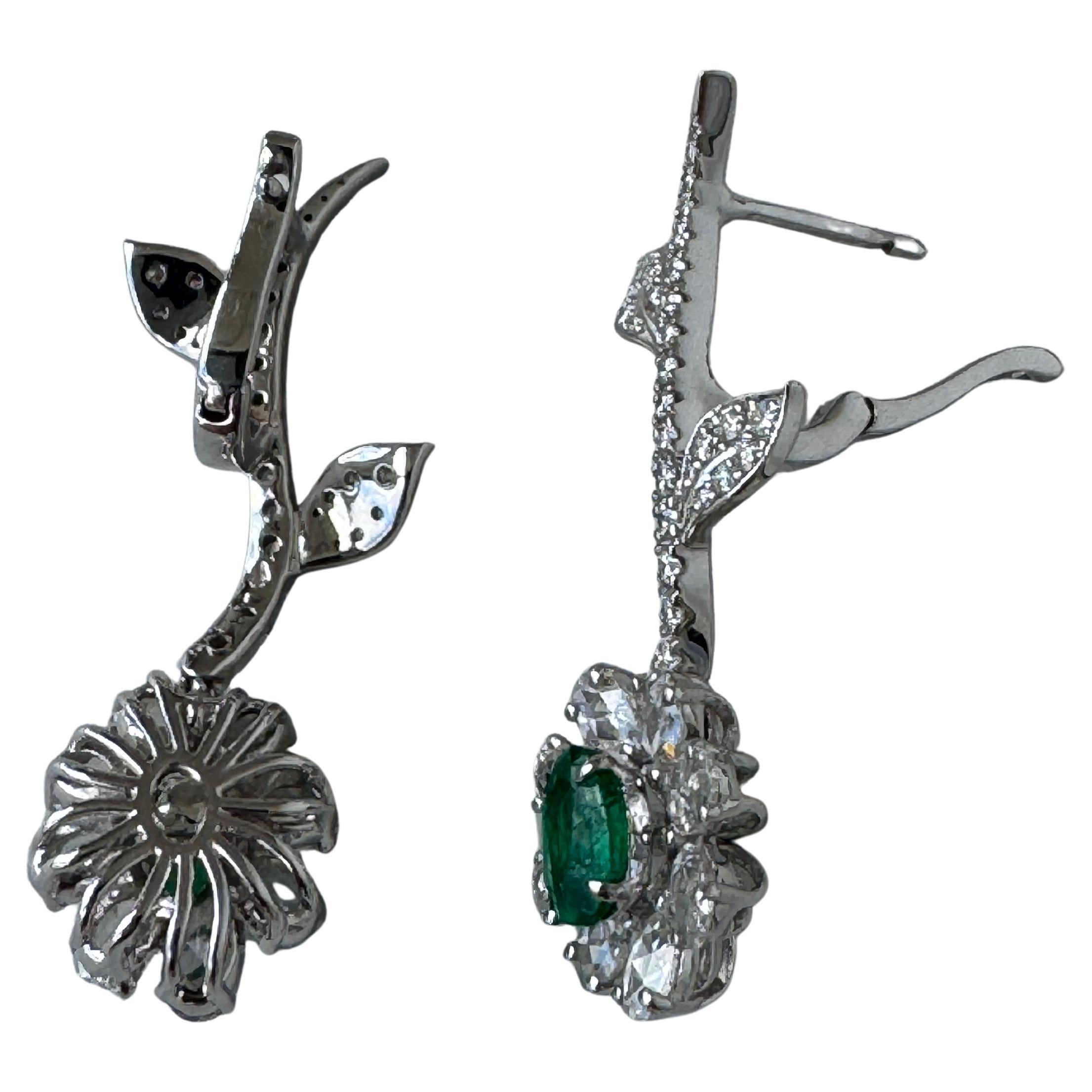Oval Cut 18K White Gold Emerald Diamond 1.66 Carat Dongle Earrings For Sale