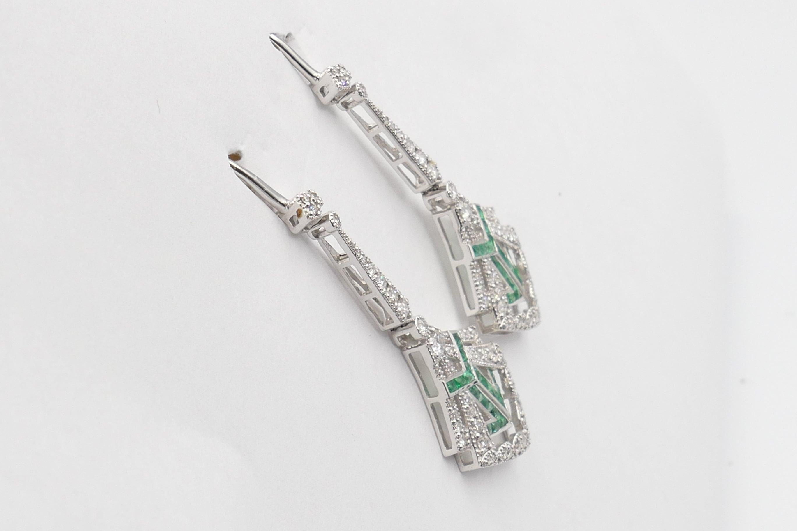 Modern 18 Karat White Gold Emerald and Diamond Drop Earrings