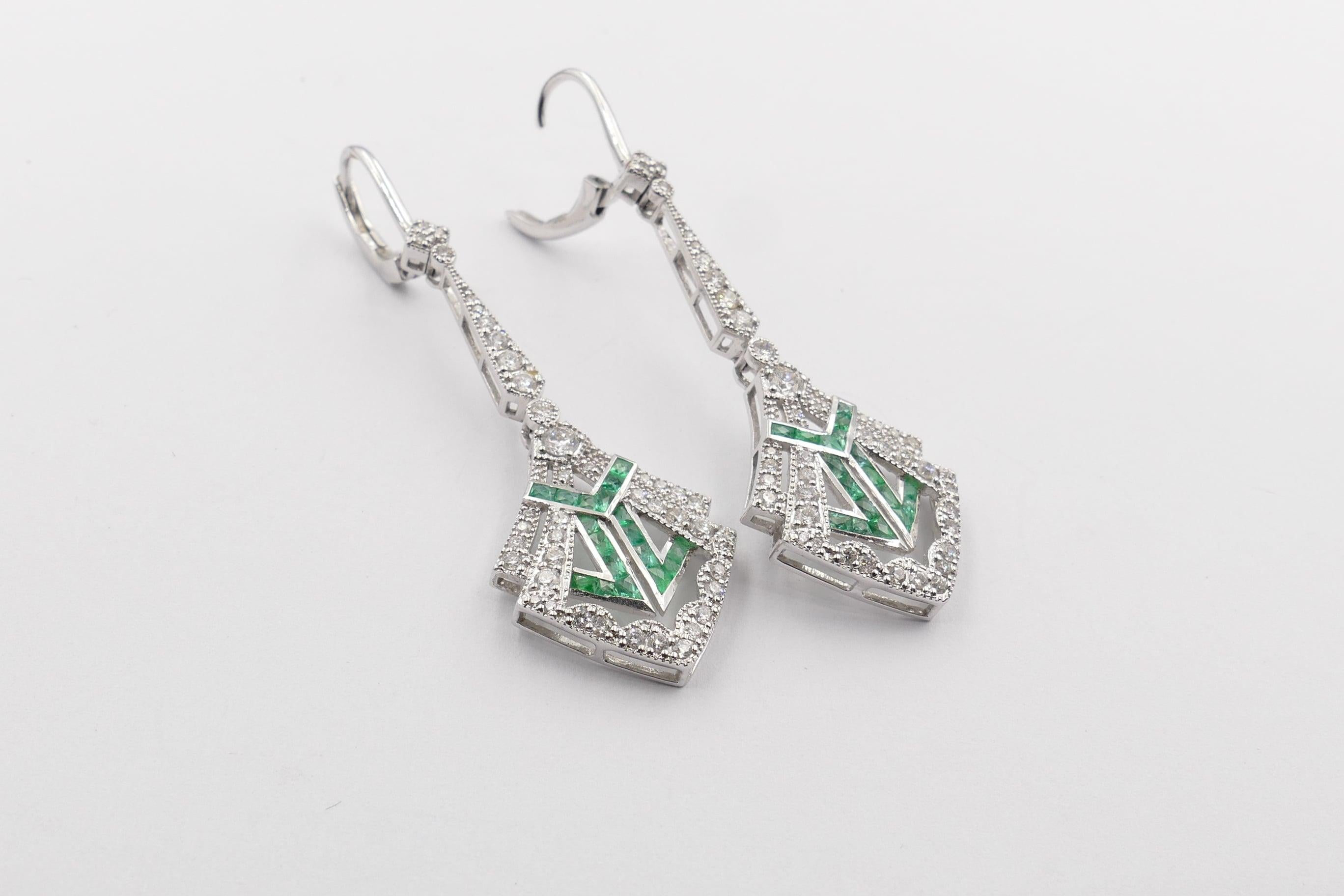 Mixed Cut 18 Karat White Gold Emerald and Diamond Drop Earrings