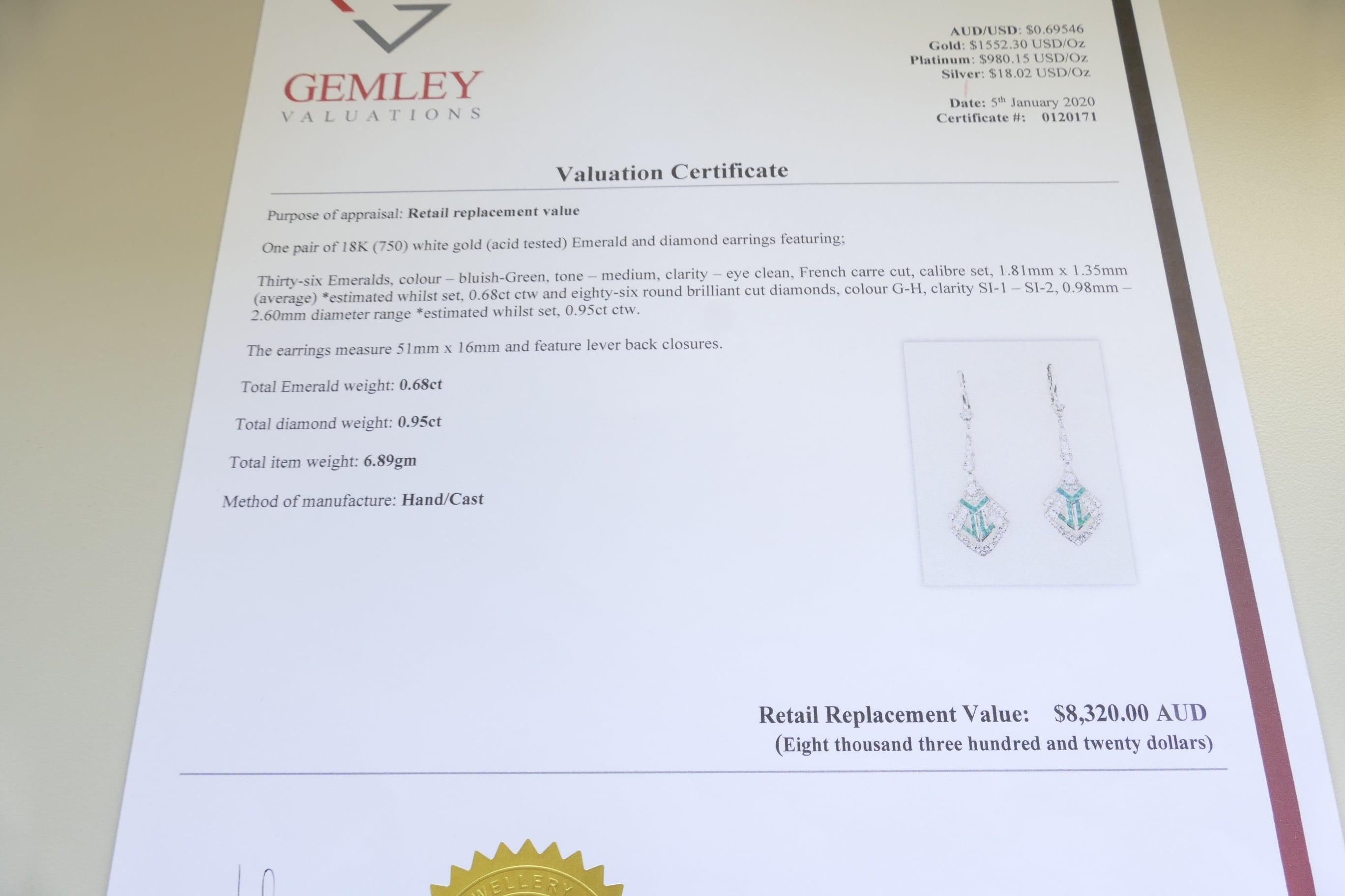 Women's or Men's 18 Karat White Gold Emerald and Diamond Drop Earrings