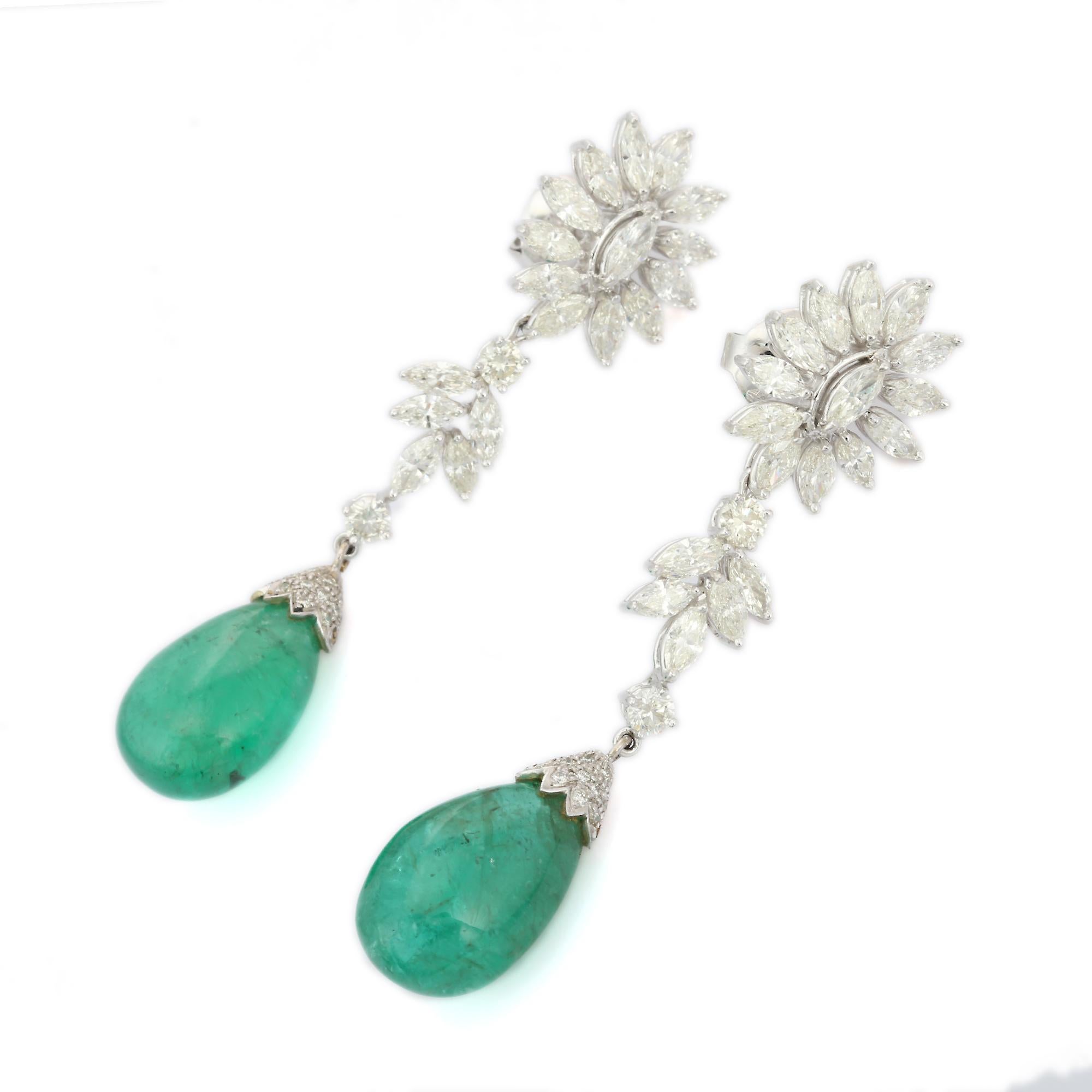 Modern 18kt Solid White Gold Diamond and 31.52 ct Drop Emerald Dangle Earrings For Sale