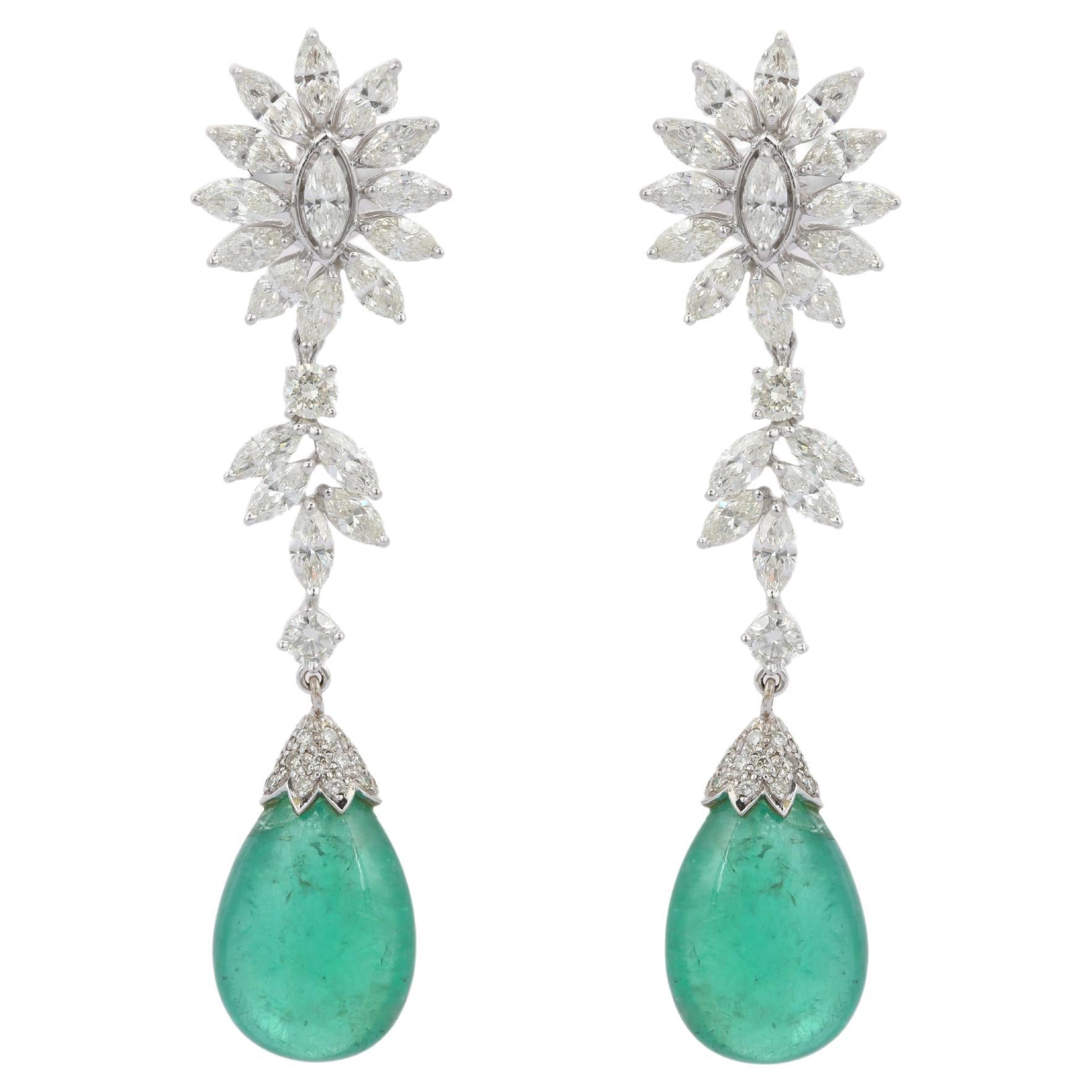 18kt Solid White Gold Diamond and 31.52 ct Drop Emerald Dangle Earrings For Sale