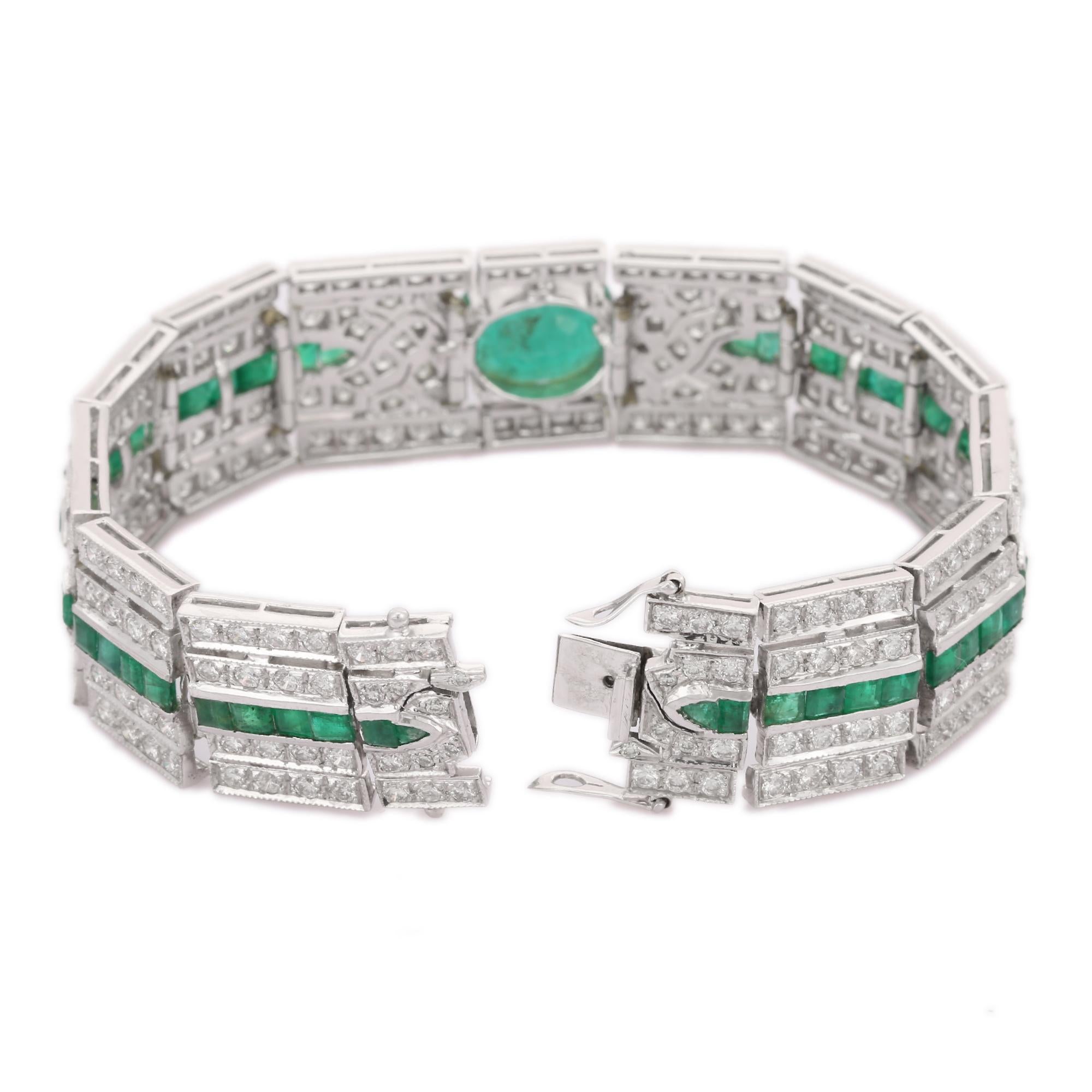 Art Deco 18kt Solid White Gold Bold Diamond and Emerald Studded Bold Bracelet For Sale