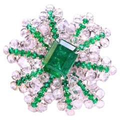18K White Gold Emerald & Diamond Flower Collection Cocktail Ring
