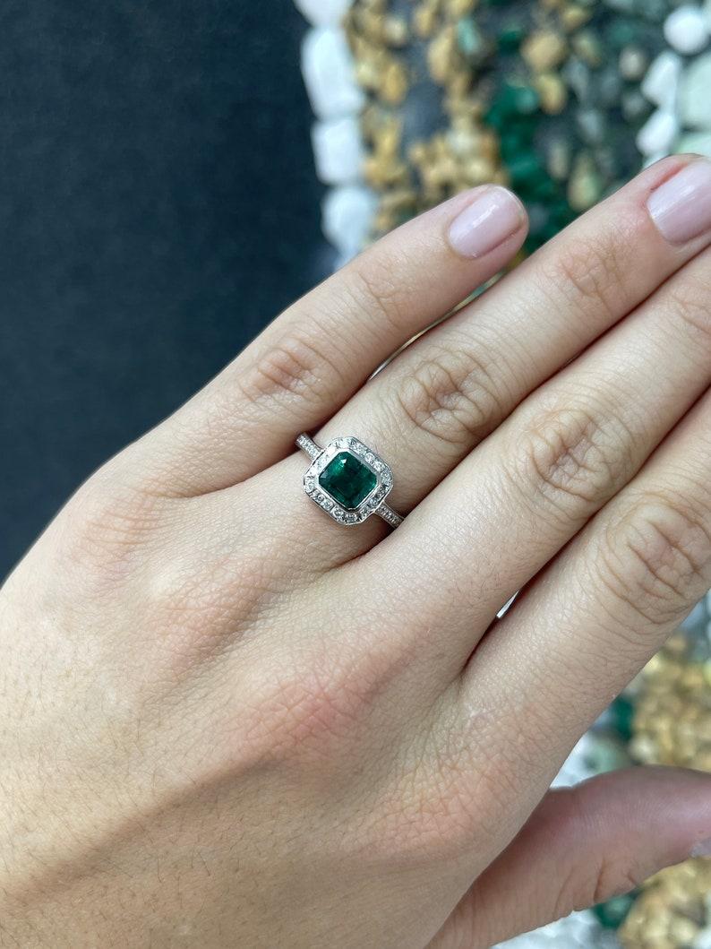 18K White Gold Emerald & Diamond Halo Ring - 1.45tcw Emerald Cut Engagement Ring In New Condition For Sale In Jupiter, FL