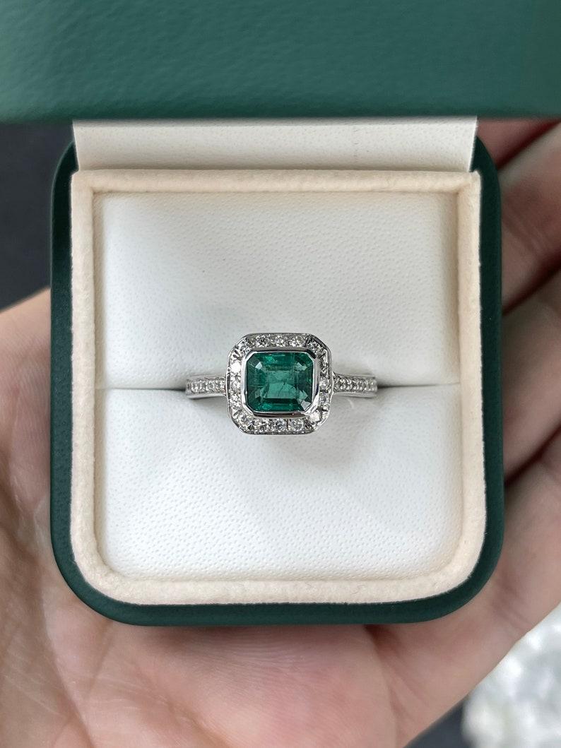 18K White Gold Emerald & Diamond Halo Ring - 1.45tcw Emerald Cut Engagement Ring For Sale 1