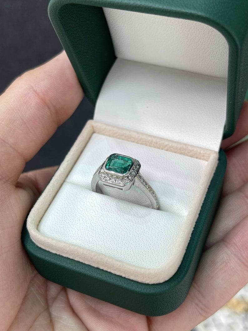 18K White Gold Emerald & Diamond Halo Ring - 1.45tcw Emerald Cut Engagement Ring For Sale 2