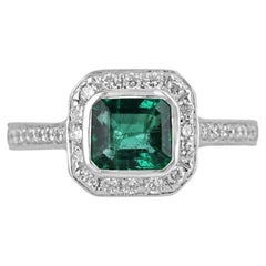 18K White Gold Emerald & Diamond Halo Ring - 1.45tcw Emerald Cut Engagement Ring