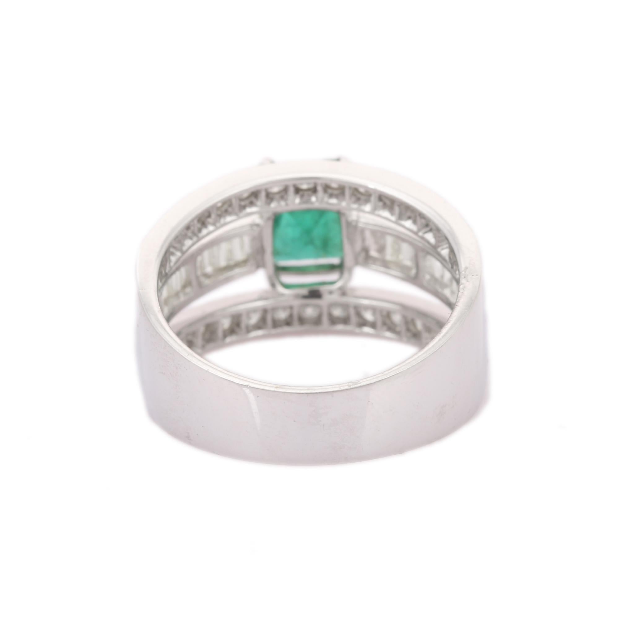 For Sale:  18kt Solid White Gold Octagon Emerald Diamond Engagement Band Ring 5
