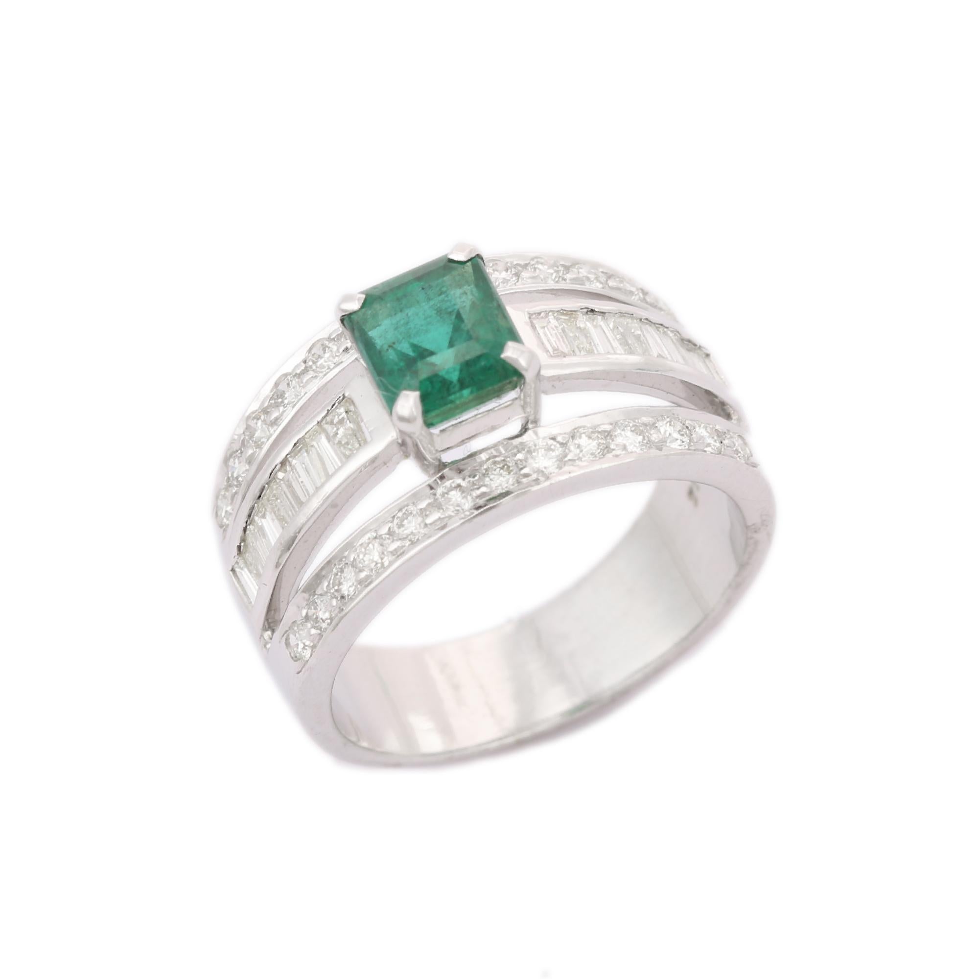 For Sale:  18kt Solid White Gold Octagon Emerald Diamond Engagement Band Ring 6
