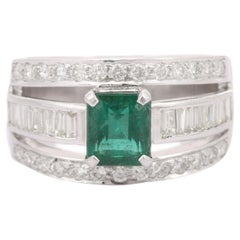 18K White Gold Emerald Diamond Octagon Gemstone Ring
