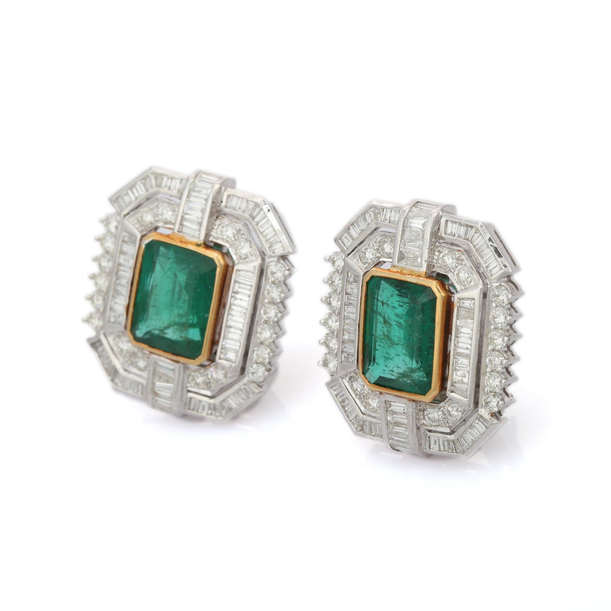 Emerald Diamond Statement Stud Earrings For Wedding in 18K Gold to make a statement with your look. You shall need small stud earrings to make a statement with your look. These earrings create a sparkling, luxurious look featuring octagon cut