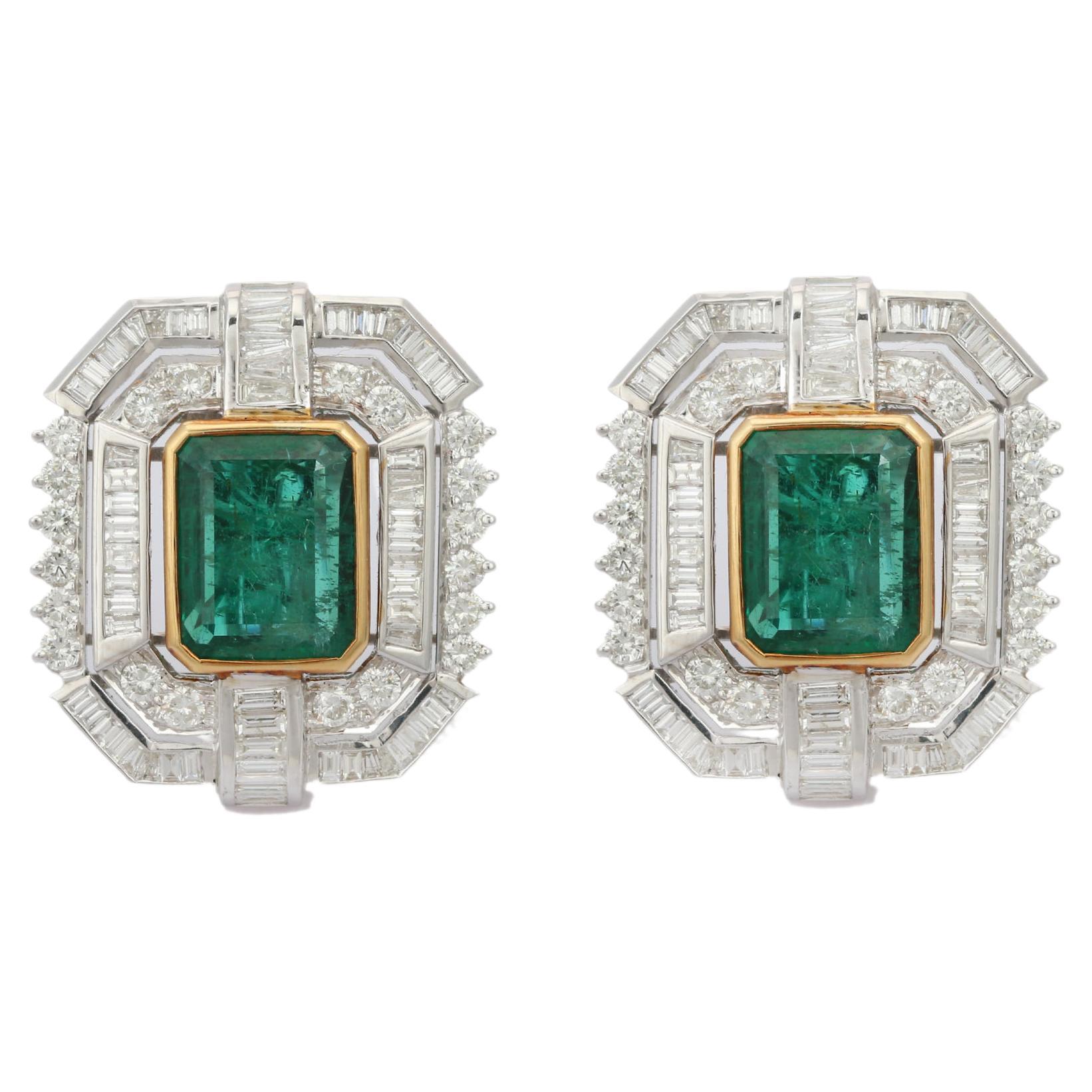 18kt Solid White Gold 9.7 ct Emerald Diamond Statement Stud Earrings For Wedding