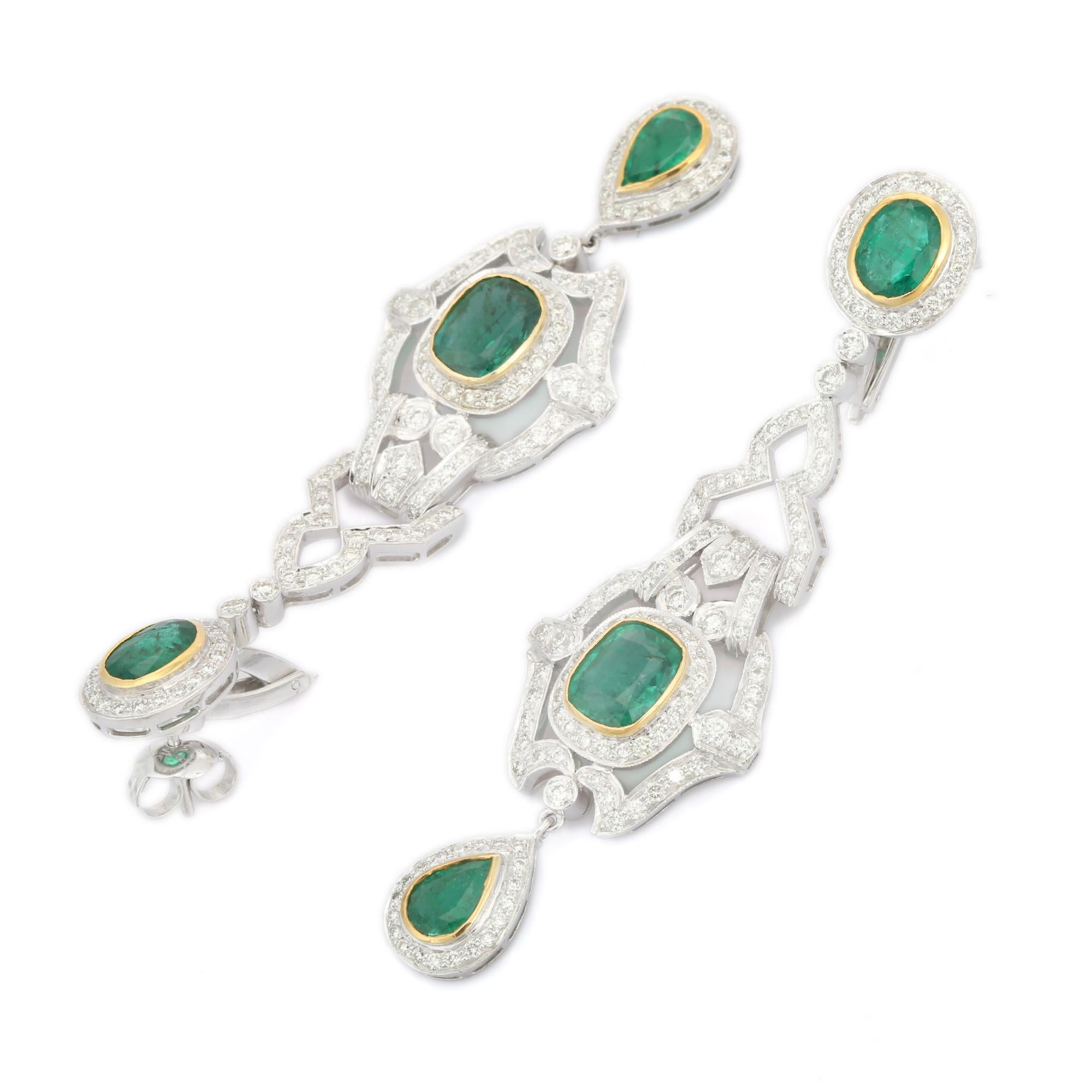 Contemporary Art Deco 18kt Solid White Gold Emerald Diamond Dangle Earrings For Women For Sale