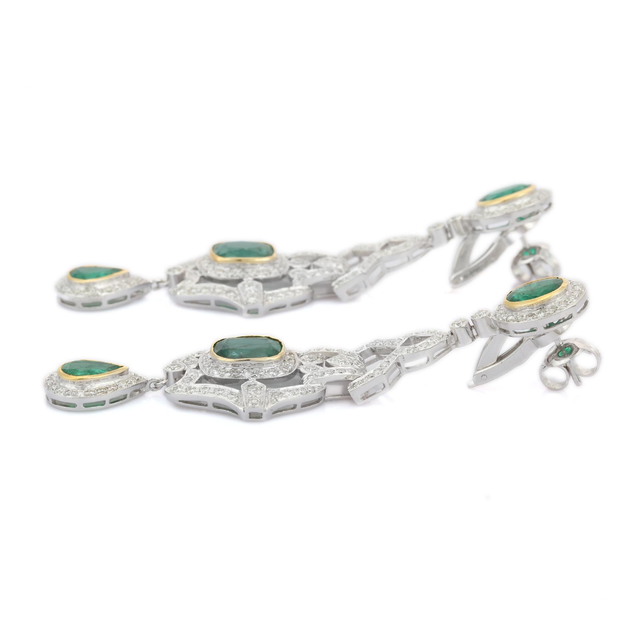 Oval Cut Art Deco 18kt Solid White Gold Emerald Diamond Dangle Earrings For Women For Sale