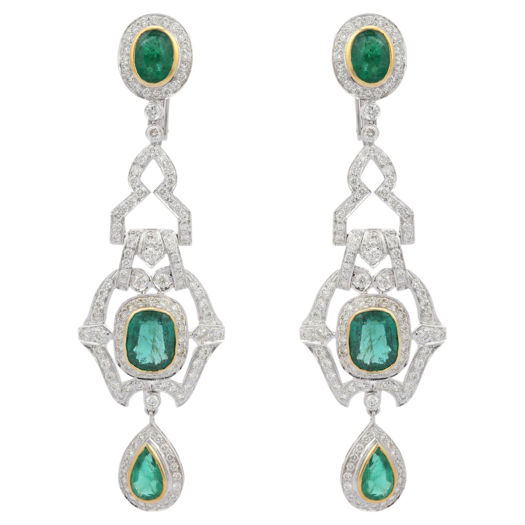Art Déco Pendientes Colgantes Esmeralda Diamante Oro Blanco Macizo 18kt Para Mujer