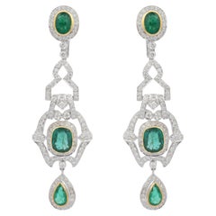 Art Deco 18kt Solid White Gold Emerald Diamond Dangle Earrings For Women