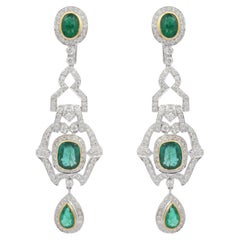 Art Deco 18kt Solid White Gold Emerald Diamond Dangle Earrings For Women