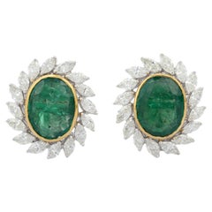 18K White Gold Emerald Diamond Oval Gemstone Earring