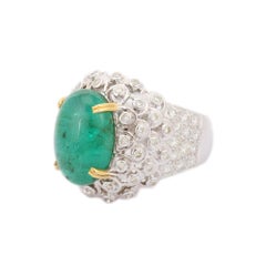 18kt Solid White Gold Estate Emerald Diamond Dome Ring For Women