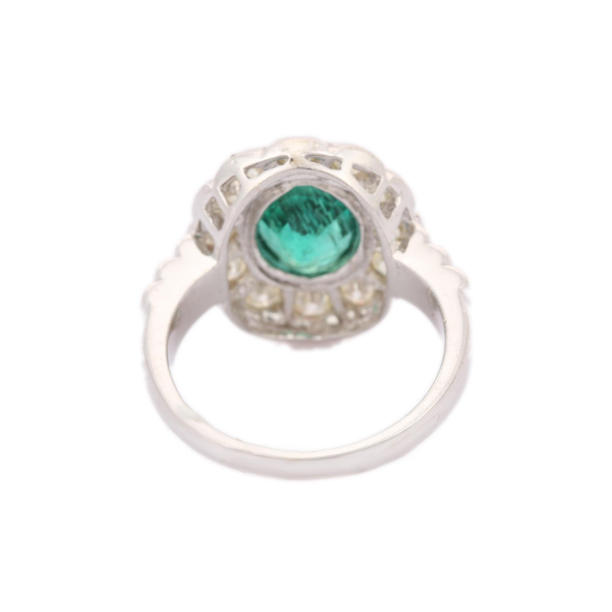 For Sale:  Exquisite 18kt Solid White Gold Emerald Flower Ring With Diamonds 6