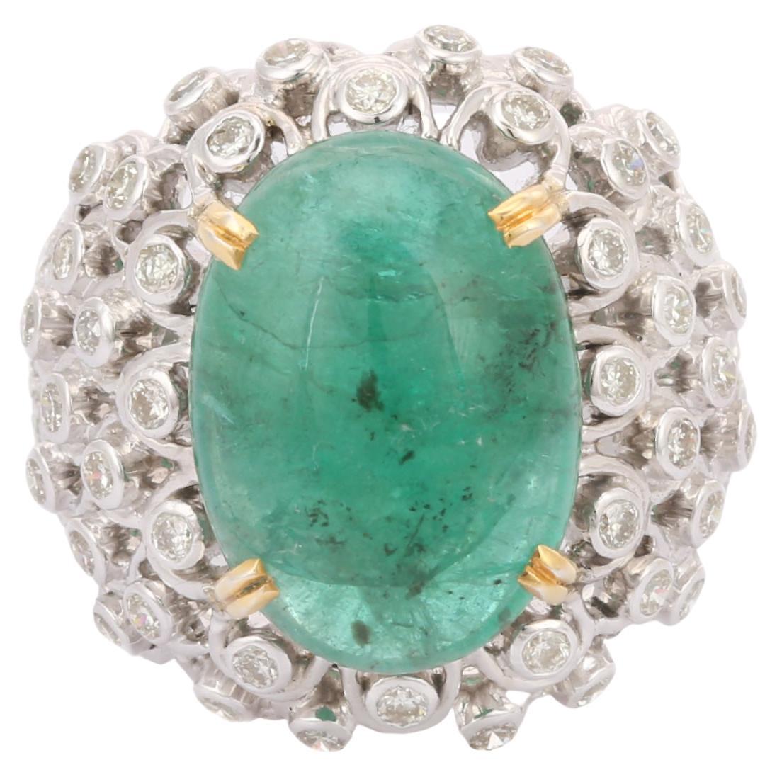 For Sale:  18kt Solid White Gold Estate Emerald Diamond Dome Ring For Women