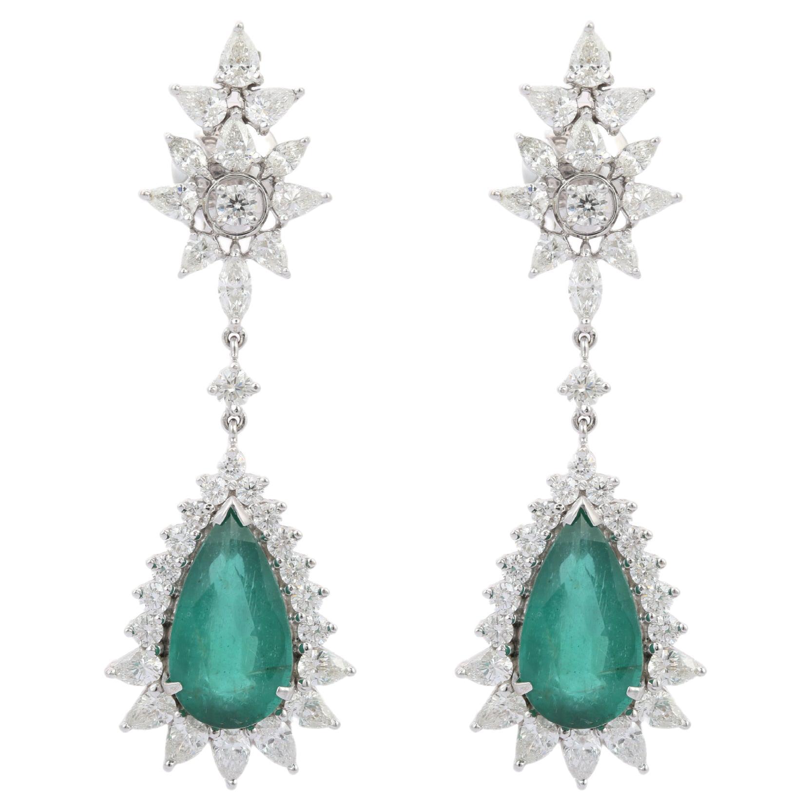 Etincelle 18kt Solid White Gold Diamond and Pear Emerald Dangle Earrings For Sale