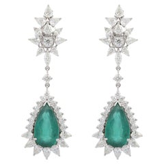 18K White Gold Emerald Diamond Pear Gemstone Dangle Earrings