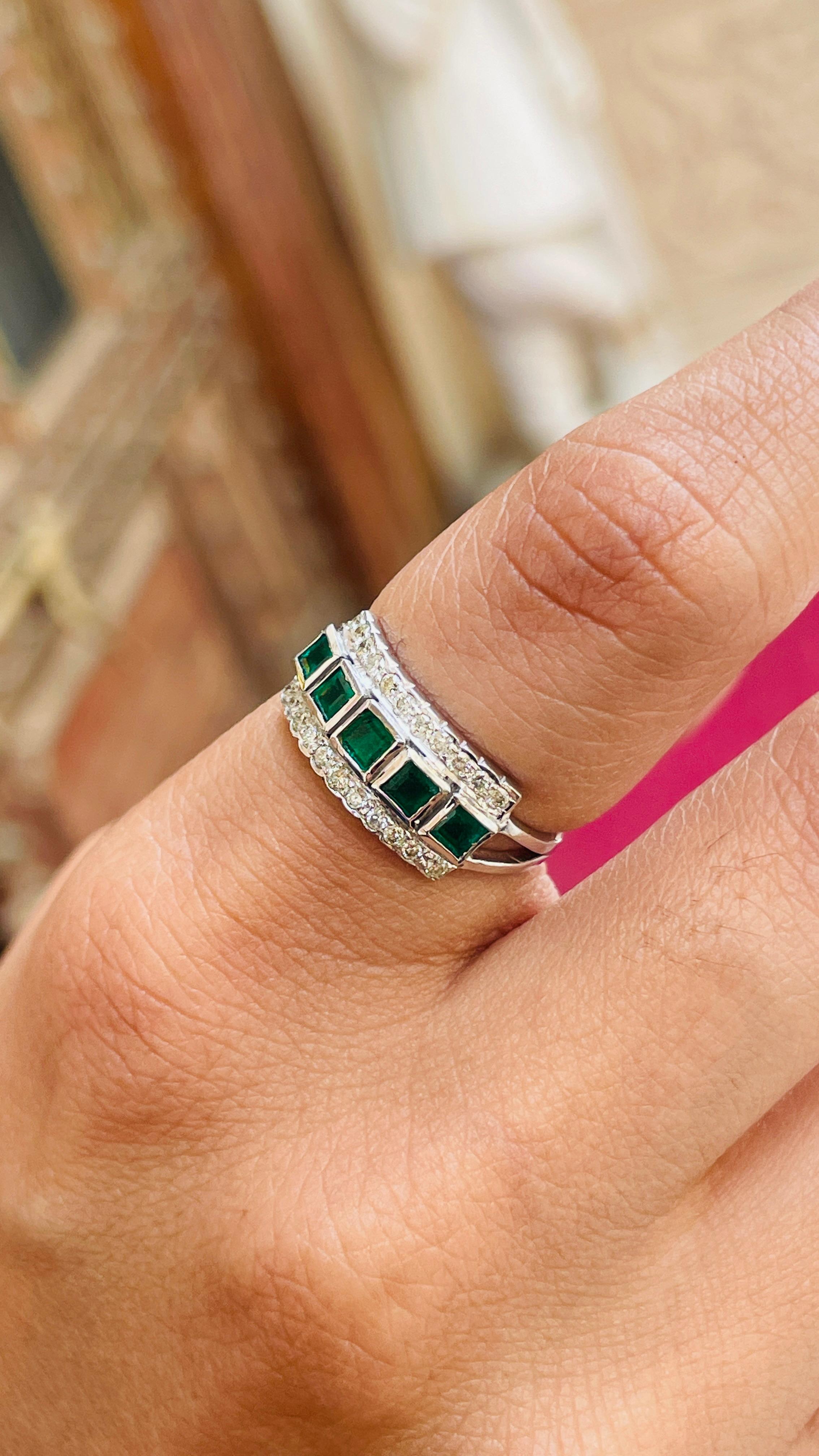 For Sale:  Statement 18k Solid White Gold Square Emerald Diamond Ring 10