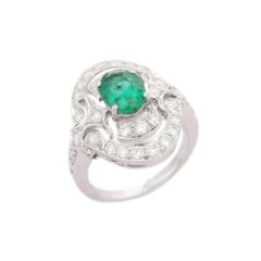 18kt Solid White Gold Art Deco Emerald Diamond Ring