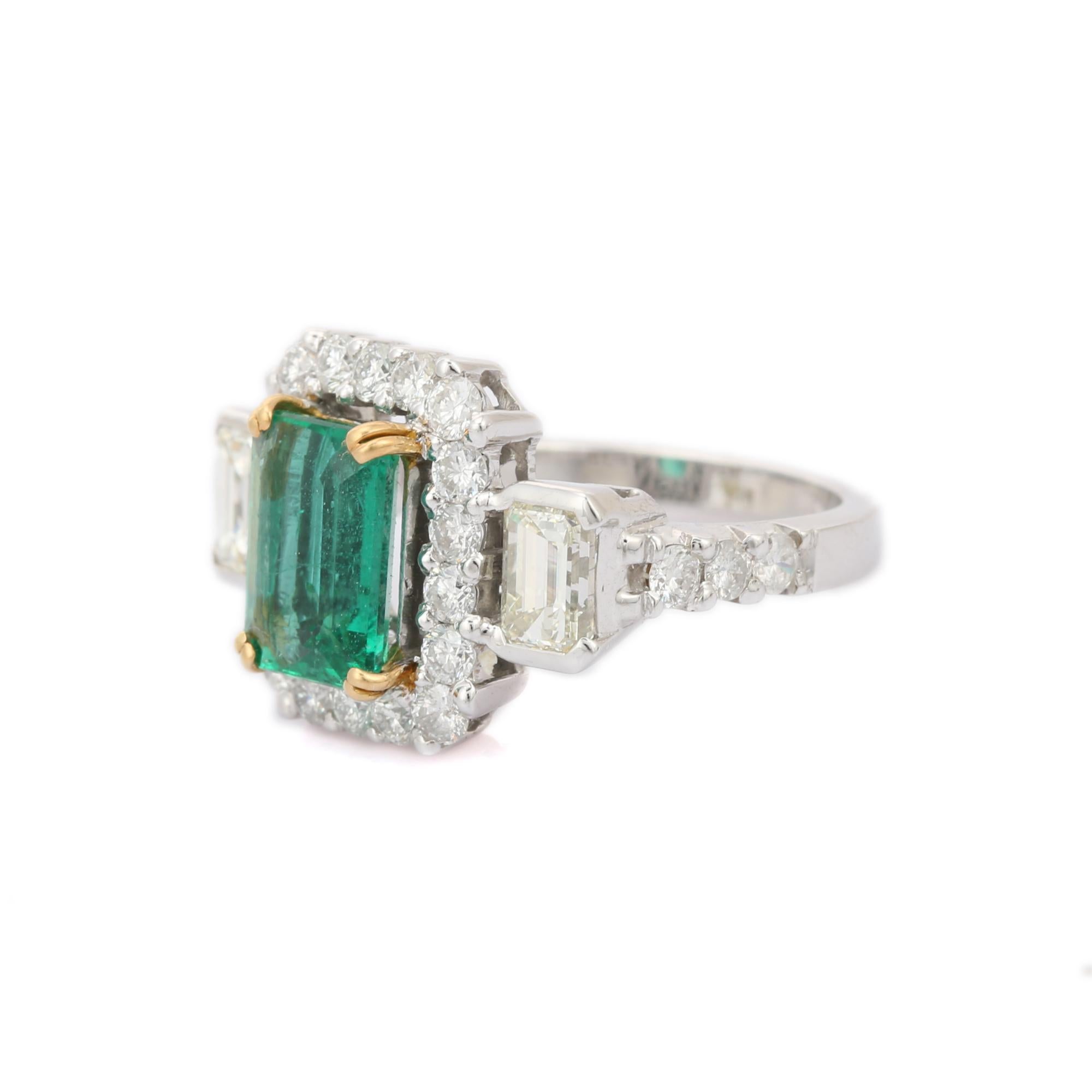 For Sale:  Three-Stone Style 18k Solid White Gold Emerald Diamond Ring 2